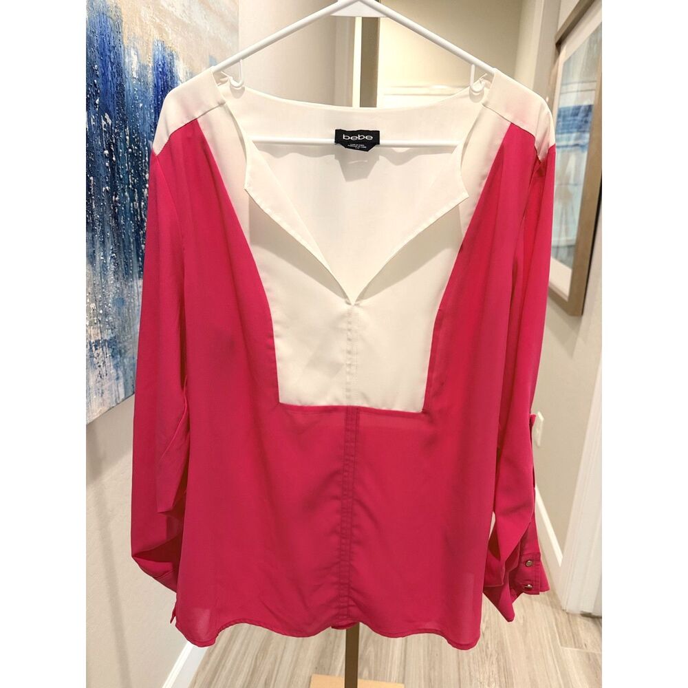 Bebe Hot Pink White Colorblock Blouse L Y2K Sheer Long Sleeve Tunic Top